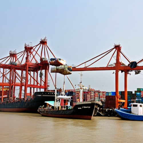 Home 11 **A bustling port in Chittagong, Bangladesh:** Cargo ships are being loaded with goods destined for Southeast Asia, highlighting the burgeoning trade route. Include jute products being loaded, illustrating the small business owner's success. Emphasize the strategic location and activity. Style: Documentary photography.