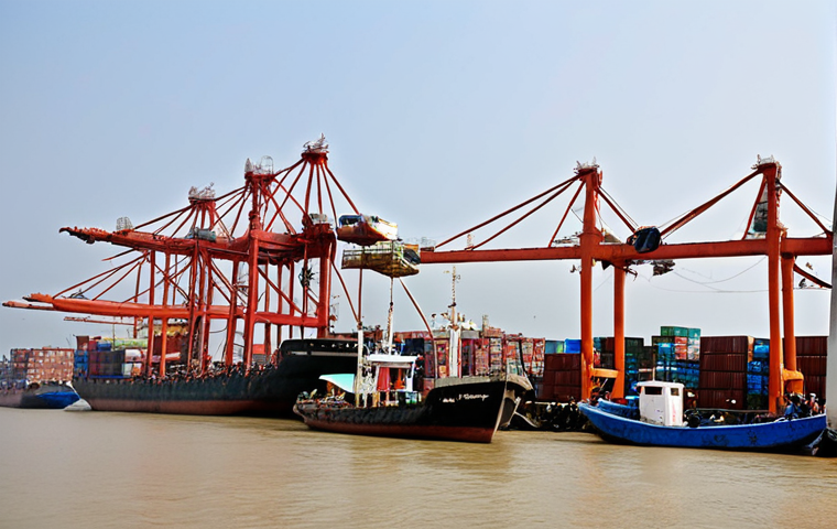 **A bustling port in Chittagong, Bangladesh:** Cargo ships are being loaded with goods destined for Southeast Asia, highlighting the burgeoning trade route. Include jute products being loaded, illustrating the small business owner's success. Emphasize the strategic location and activity. Style: Documentary photography.