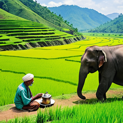 Home 6 **Prompt:** Haluaghat border landscape, rolling green hills, Someshwari River winding through emerald rice paddies, small tea stall, wizened old man serving tea, elephants in the distance, serene atmosphere, vibrant colors, sunny day. Style: Impressionistic painting.