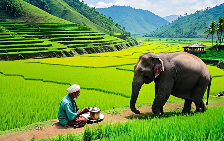 **Prompt:** Haluaghat border landscape, rolling green hills, Someshwari River winding through emerald rice paddies, small tea stall, wizened old man serving tea, elephants in the distance, serene atmosphere, vibrant colors, sunny day. Style: Impressionistic painting.